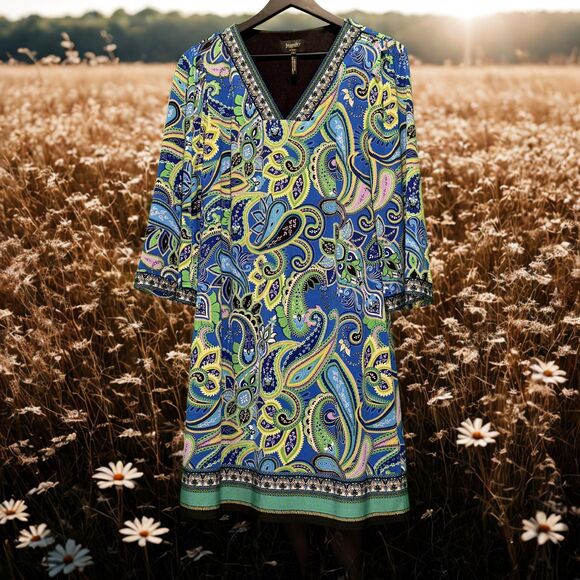 Laundry by Shelli Segal Dress Small Blue Green Paisley Tunic V-Neck Boho - Picture 6 of 6